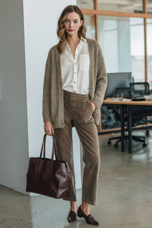 Chunky Knit Cardigan with Crisp Button-Down and Straight-Leg Corduroy Trousers