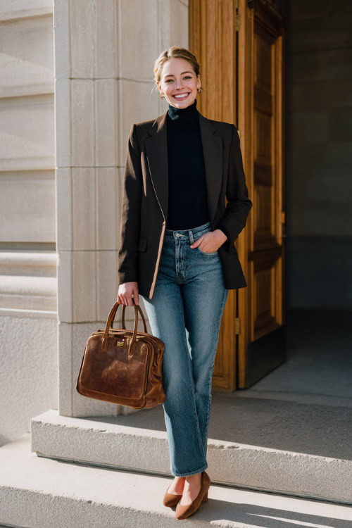 Classic Blue Clean-Cut Straight-Leg Jeans with Fitted Thin Turtleneck and Black Tailored Blazer