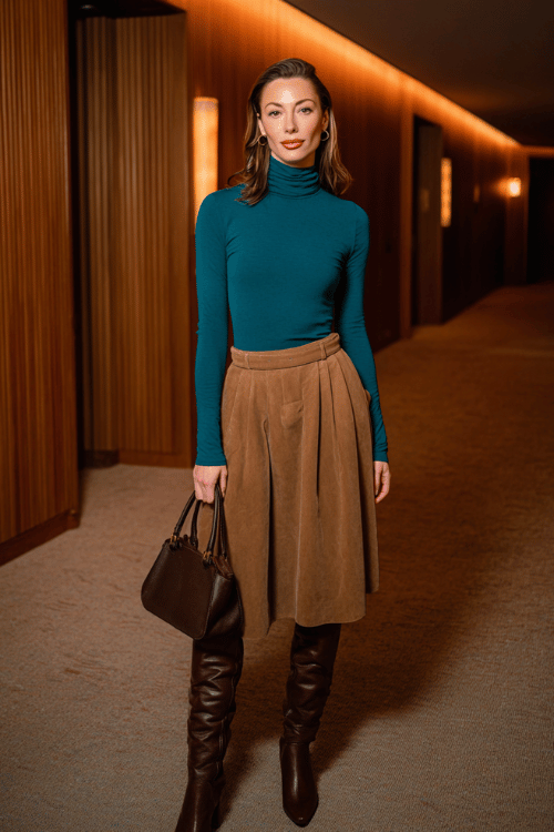 Sophisticated Fall Skirt Outfit: Teal Knit + Camel Pleated Midi for Business-Casual