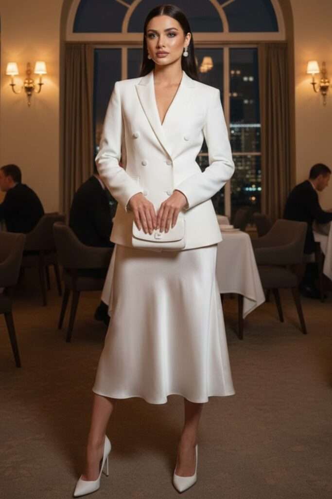 Crisp White Blazer with Satin Skirt Romance