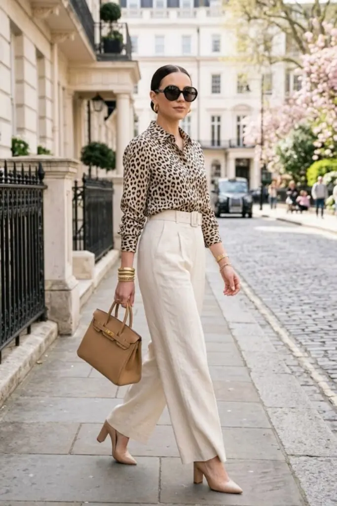 Leopard Blouse Meets Tailored Cream for Quiet Confidence