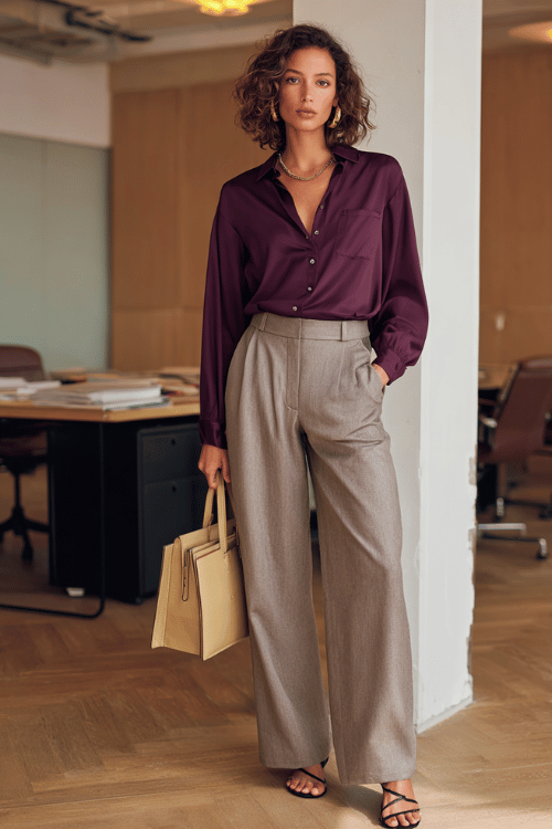 Autumn Office Polish: Plum Blouse with Stone Wide-Leg Trousers