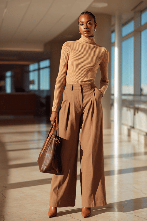 Fall Business-Casual: Camel Turtleneck + Chocolate Wide-Leg for Black Women