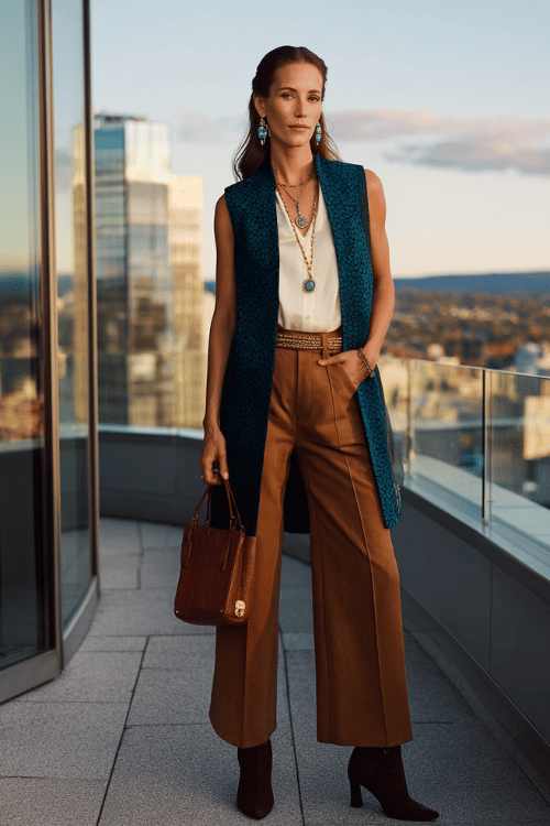 Long Textured Sleeveless Embroidered Duster Vest with Cream Blouse and Caramel Wide-Leg Trousers