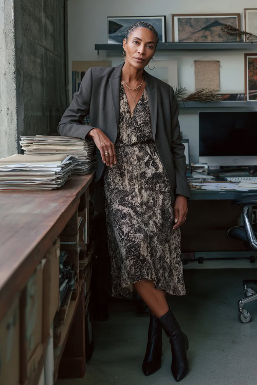 Printed Midi Dress + Structured Tailored Blazer with Low-Heeled Ankle Boots and Layered Necklaces