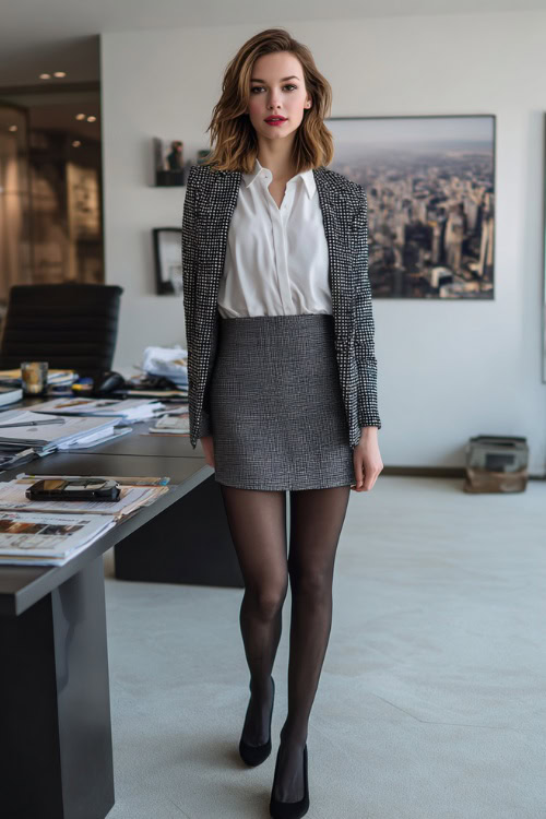 Patterned Blazer with Tailored Knee-Length Skirt, Crisp White Shirt, Black Sheer Tights and Block-Heel Pumps