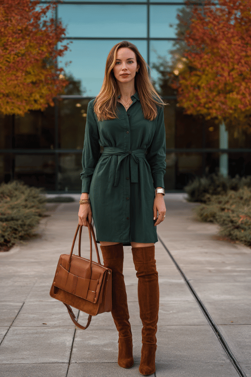 Fall Business-Casual Dresses: The Shirt-Dress + Boots Formula