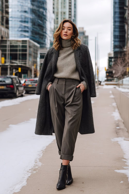 Long Tailored Wool Coat with Pleated Wool Ankle-Length Trousers and Block-Heel Ankle Boots for a Cold Commute
