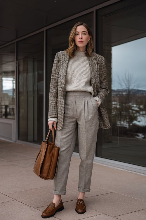 Soft Knit Sweater Tucked In with High-Waisted Pleated Trousers, Neutral Tweed Blazer, Leather Loafers and Structured Handbag