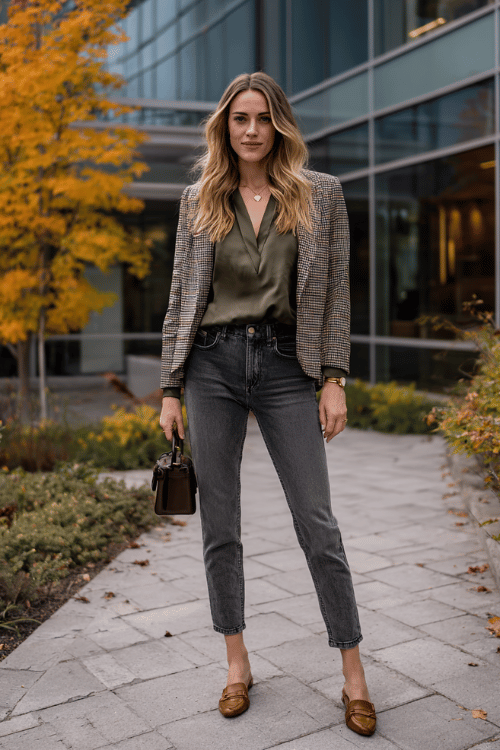 Polished Fall Work Jeans: Forest Green Wrap Blouse + Houndstooth Blazer