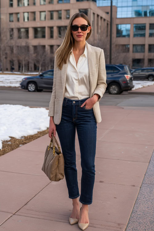 Light Beige Blazer with Dark Blue Jeans and a Crisp White Button-Up (Pointed-Toe Flats & Structured Leather Handbag)