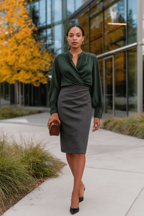 Fall Skirt Work Outfit: Forest‑Green Wrap Blouse + Charcoal Pencil