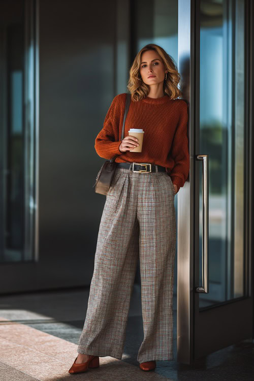 Fall Business‑Casual: Rust Knit + Gray Plaid Wide‑Legs for Work