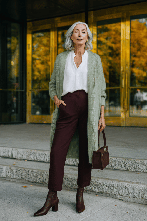 Polished, Comfortable Fall Business-Casual for Women 60+: Sage, White & Wine