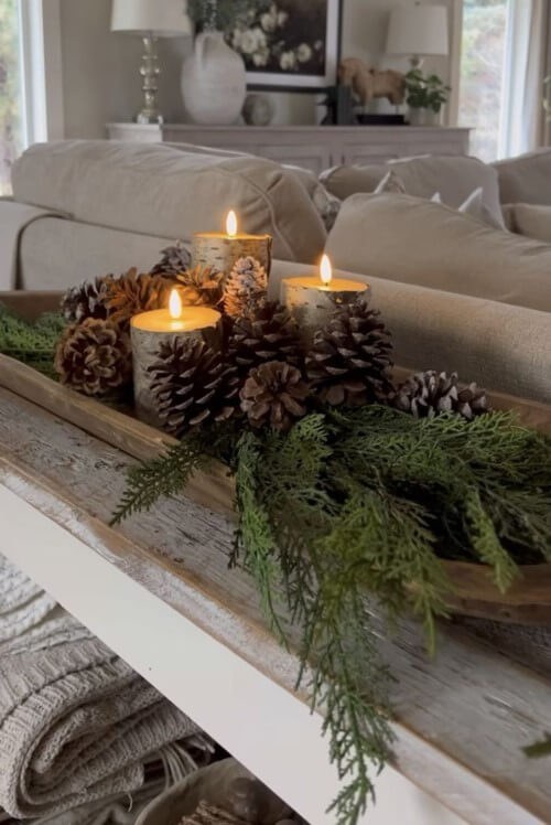 Birch-Bark Candle Dough Bowl with Pinecone Accents