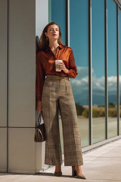 Rust Satin Blouse with Checked Wide-Leg Trousers — Effortless Fall Business-Casual for Women Over 40