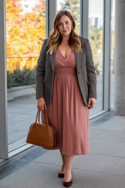 Autumn Workwear: Dusty Rose Midi and Charcoal Blazer for Plus-Size Women Over 40