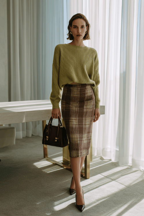 Olive Knit + Burgundy Plaid Midi: Polished Everyday Office Outfit