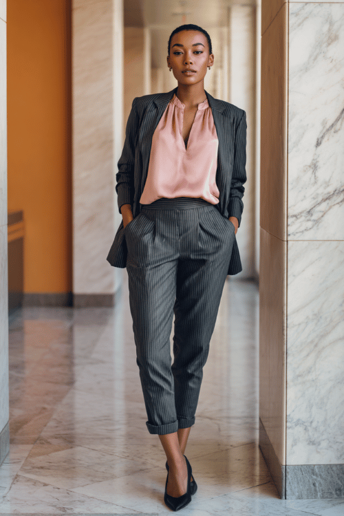 Fall Business-Casual: Charcoal Pinstripe Suit with Blush Silk Blouse