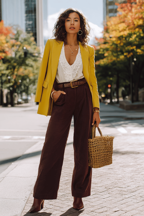 Mustard Yellow Blazer with White Lace Blouse and Burgundy Wide-Leg Trousers