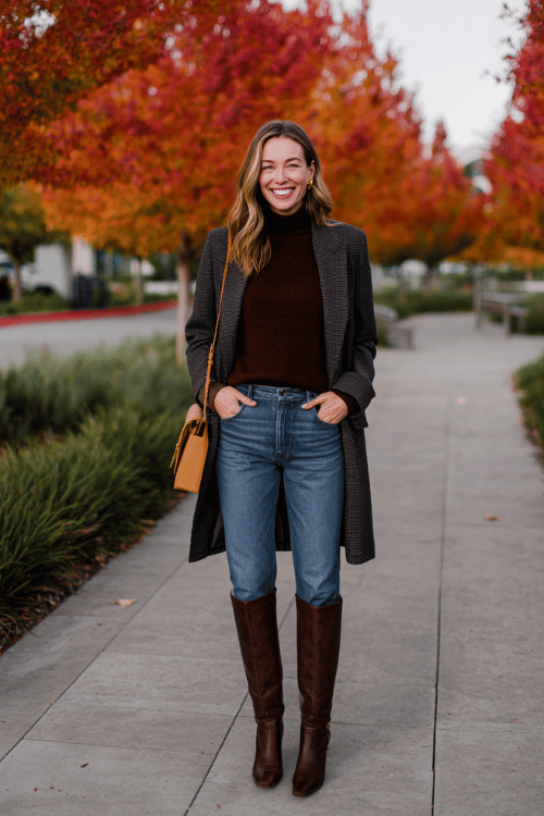 Effortless Fall Business-Casual: Chocolate Sweater + Straight Jeans with a Longline Blazer