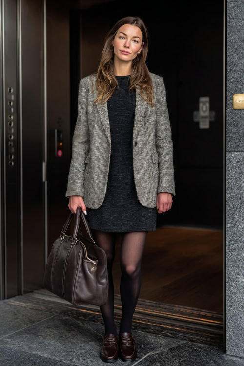 Dark Long-Sleeve Knit Dress with Tailored Tweed Blazer and Classic Leather Loafers for a Long Workday