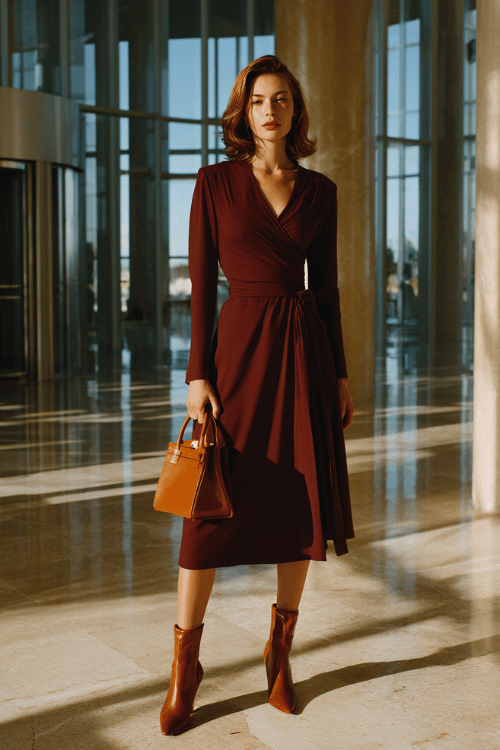 Burgundy Wrap Dress: Fall Business-Casual Work Outfit