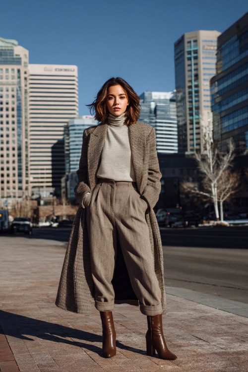 Lightweight Turtleneck with High-Waisted Tailored Trousers and Polished Block-Heel Leather Ankle Boots for Winter Commute