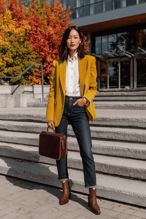 Mustard Blazer, Dark Jeans, and Boots: Fall Business-Casual Outfit Guide