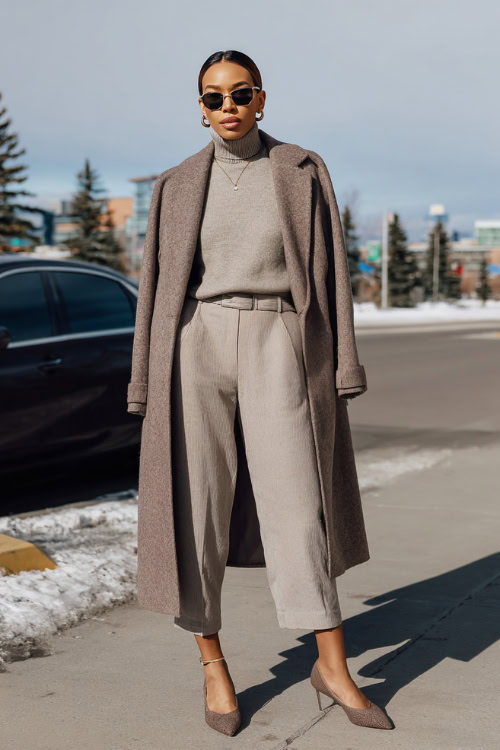 Belted Wool Coat Over a Lightweight Turtleneck with Ankle-Length Tailored Trousers and Pointed-Toe Shoes