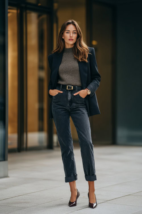 Charcoal Ankle-Length Jeans with Fitted Knit Sweater and Tailored Blazer