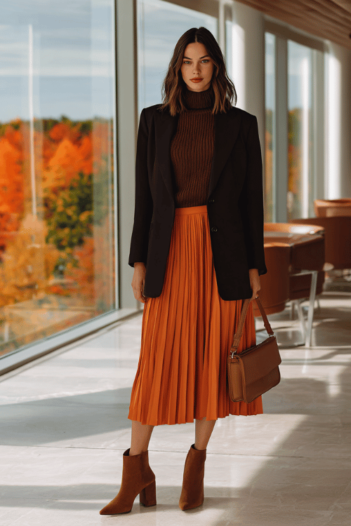 Elevated Fall Skirt Outfit — Rust Pleats and Deep Brown Knit for Business Casual