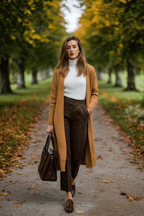 Fall Business-Casual for Midsize Women: Houndstooth Coat + Navy Trousers