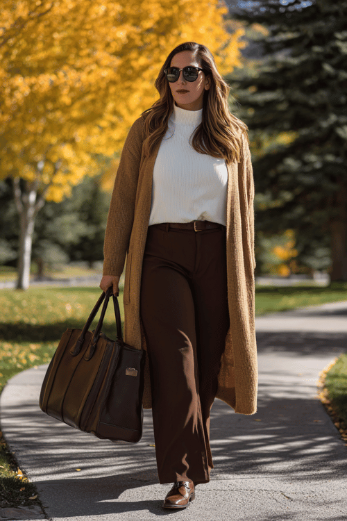 Effortless Fall Business-Casual: Camel Cardigan + Wide-Leg Trousers for Plus-Size Figures