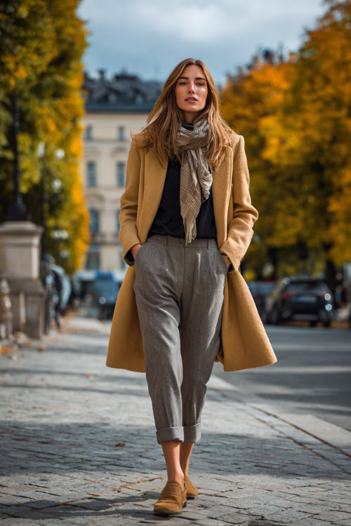 Camel Coat + Gray Trousers: Cozy, Polished Fall Business-Casual