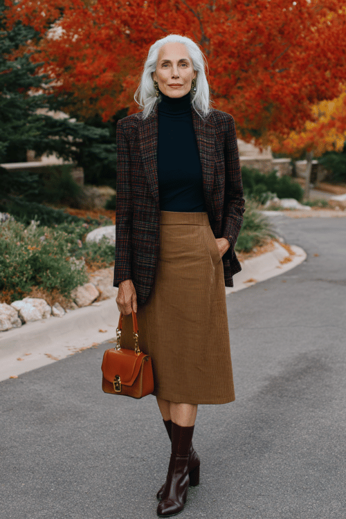 Timeless Fall Business-Casual: Navy, Caramel & Plaid