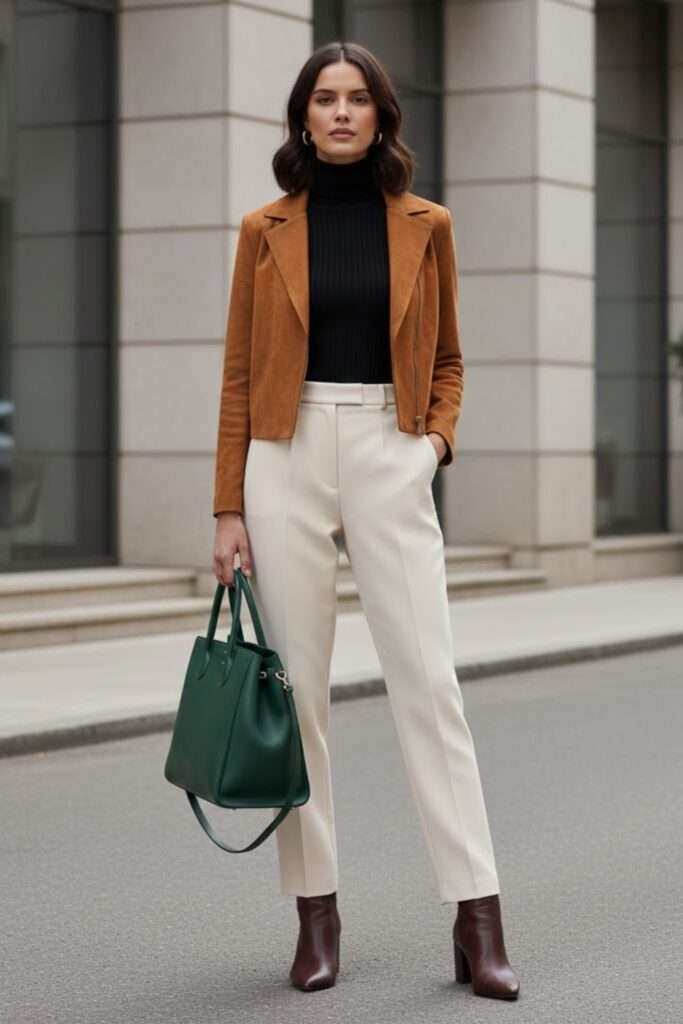 Suede Jacket with Cream Tailoring and Dark-Green Tote
