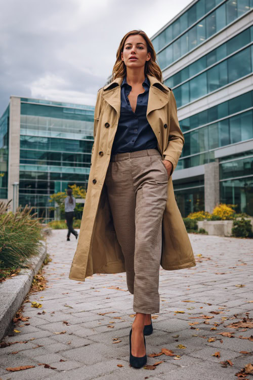 Effortlessly Chic Fall Business-Casual: Navy Blouse, Taupe Trousers & Trench