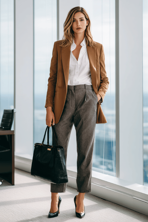 Polished Fall Office Look: Camel Blazer + Charcoal Trousers
