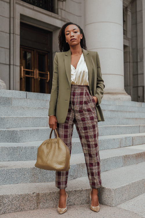 Olive Blazer and Burgundy Plaid Trousers: Fall Business-Casual for Black Women