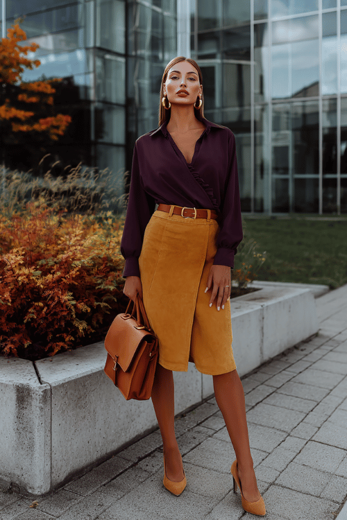 Deep Purple Satin Wrap Blouse with Mustard Suede Pencil Skirt for Office Meetings