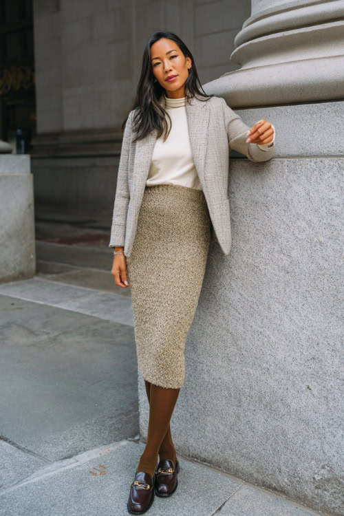 Textured Neutral Knit Midi or Pencil Skirt with Light-Colored Long-Sleeve Knit Top and Tailored Cropped Blazer