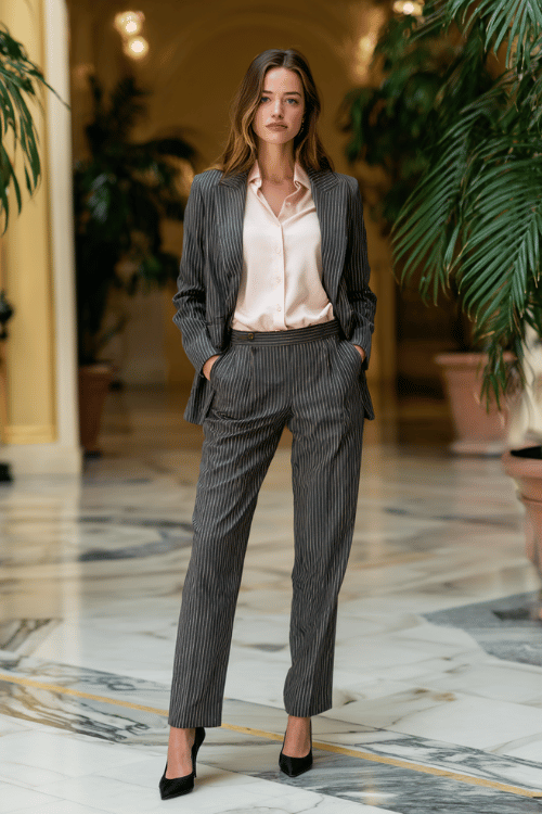 Charcoal Pinstripe Suit + Blush Silk: Fall Business-Casual for Women Over 50