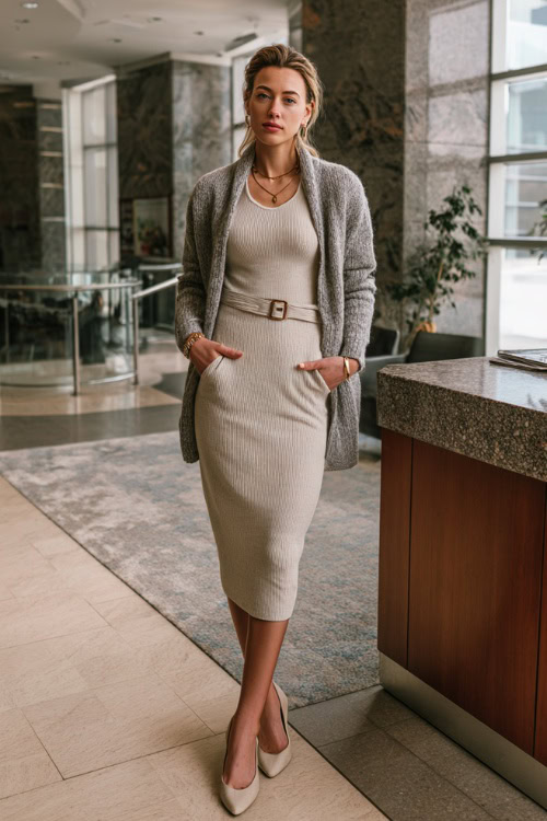 Beige Ribbed Wool Midi Dress with Soft Cardigan, Belt and Gold Jewelry for a Polished Office