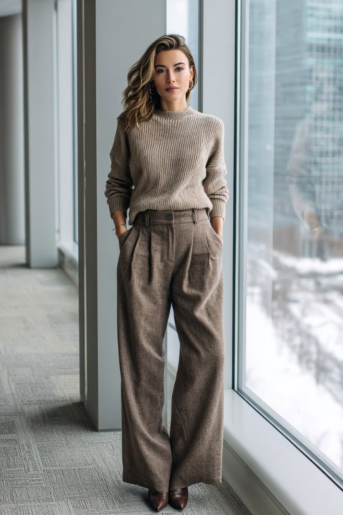 Pointed-Toe Ankle Boots with Wide-Leg Tailored Trousers and a Tucked Fine-Gauge Knit