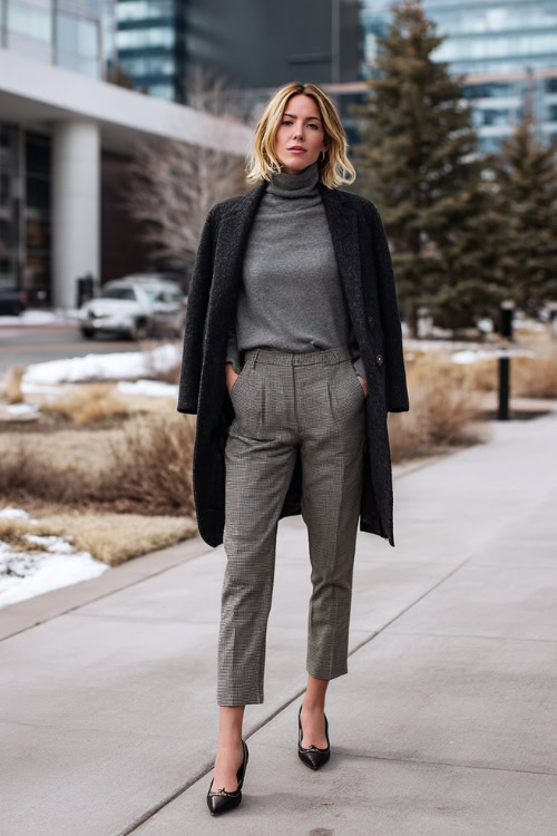 Fitted Soft Turtleneck Tucked with Tailored Ankle-Length Cropped Trousers, Classic Wool Coat and Pointed-Toe Flats