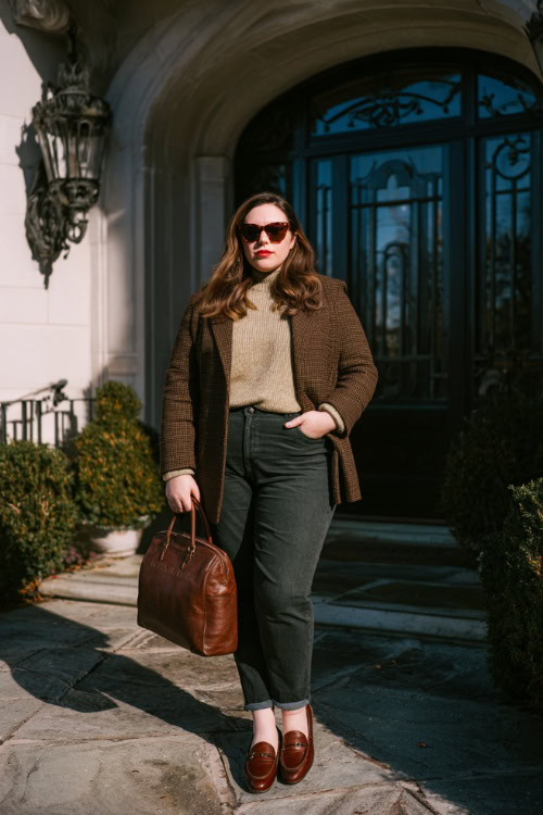Tweed Blazer with Neutral Cashmere and Straight-Leg Dark Jeans