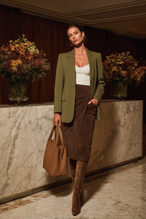 Earthy Wrap Midi: A Sophisticated Fall Skirt Outfit for the Office