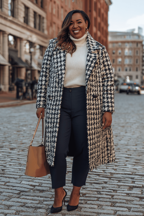 Polished Fall Business-Casual for Plus-Size Women: Houndstooth Coat, Cream Turtleneck & Navy Trousers