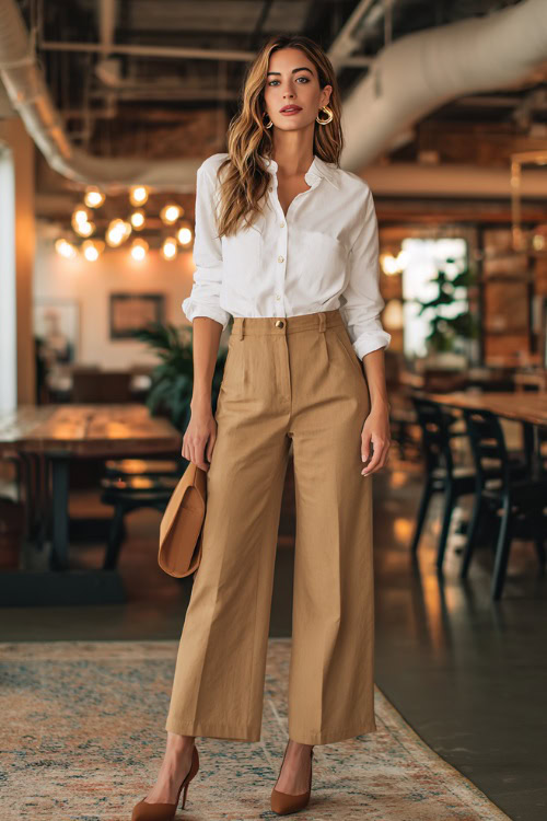 Crisp White Shirt + Camel Wide-Leg: A Fall Business-Casual Formula